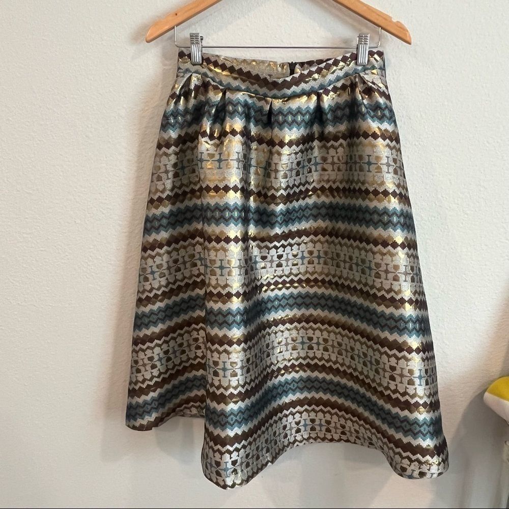 Shabby Apple blue brown and gold metallic geometric pattern skirt size 8